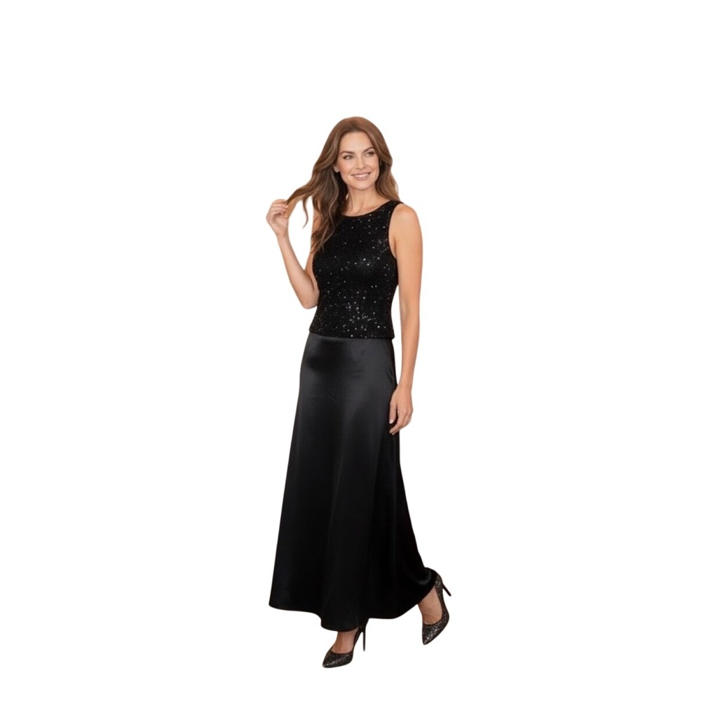 Patra Black Glitter Bodice Satin Maxi Evening Gown Dress Size 14 NWT